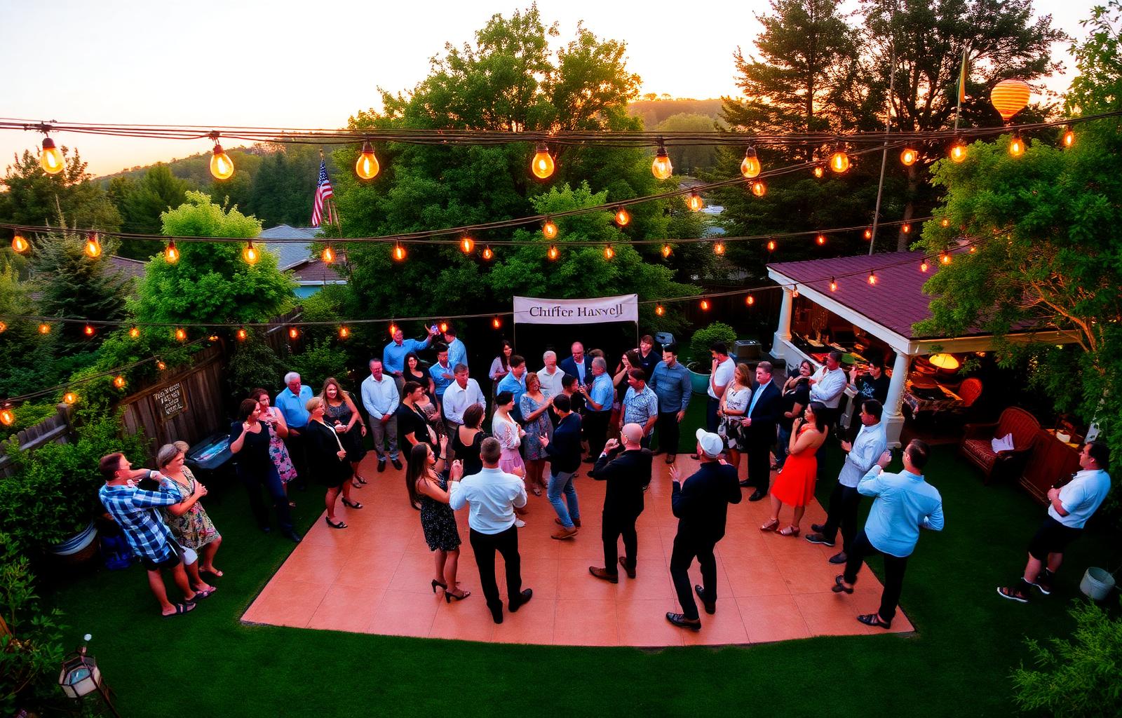 Garden party with string lights and dance floor at sunset